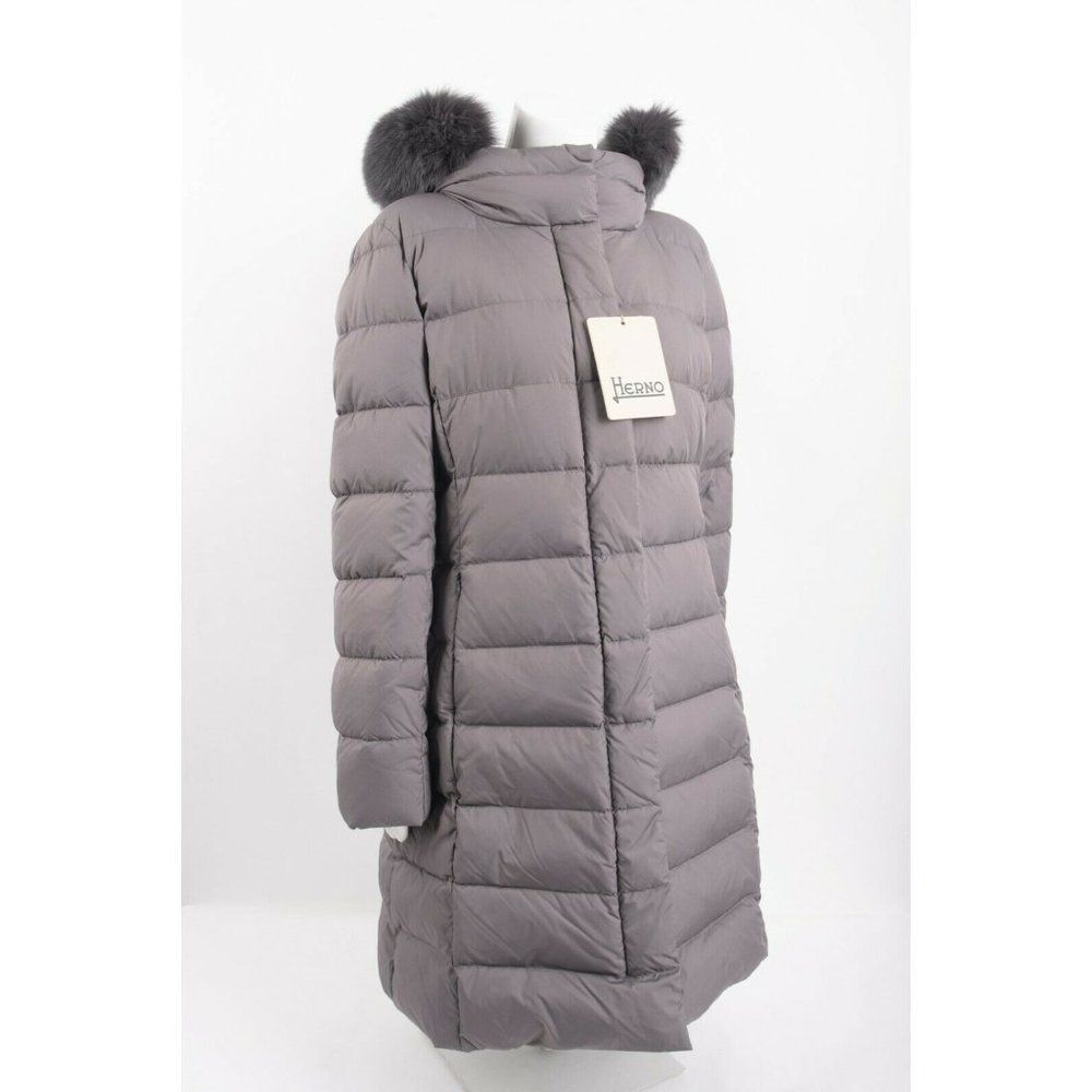 Herno Womens Down Coat Jacket Sz 48 US 12 Carrie Over Gray Faux Fur Trim Hooded - Picture 5 of 8